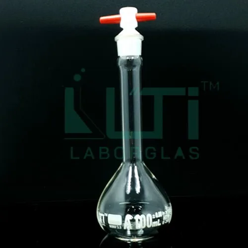 2690-CLEAR GLASS WIDE MOUTH HEAVY DUTY VOLUMETRIC FLASK WITH PTFE STOPPER, CLASS A, SERIALIZED WITH INDIVIDUAL CERTIFICATE ASTM E-288