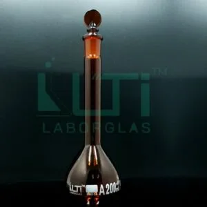 2710-AMBER GLASS VOLUMETRIC FLASK WITH SOLID GLASS STOPPER, CLASS A, SERIALIZED WITH INDIVIDUAL CERTIFICATE ASTM E-288