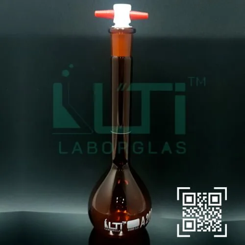 2715-AMBER GLASS, QR. CODED VOLUMETRIC FLASK WITH PTFE STOPPER, CLASS A, SERIALIZED WITH INDIVIDUAL CERTIFICATE ASTM E-288