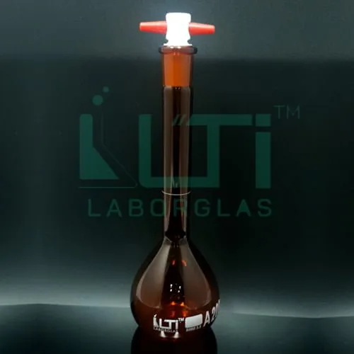 2720-AMBER GLASS VOLUMETRIC FLASK WITH PTFE STOPPER, CLASS A, SERIALIZED WITH INDIVIDUAL CERTIFICATE ASTM E-288