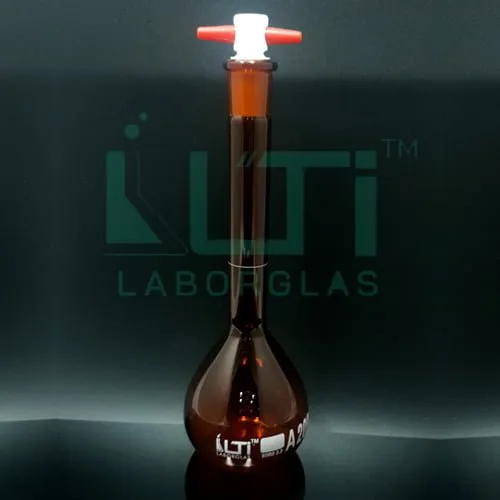 2942-AMBER GLASS, NARROW MOUTH VOLUMETRIC FLASK WITH PTFE STOPPER, CLASS A, SERIALIZED WITH INDIVIDUAL CERTIFICATE, ASTM E-288