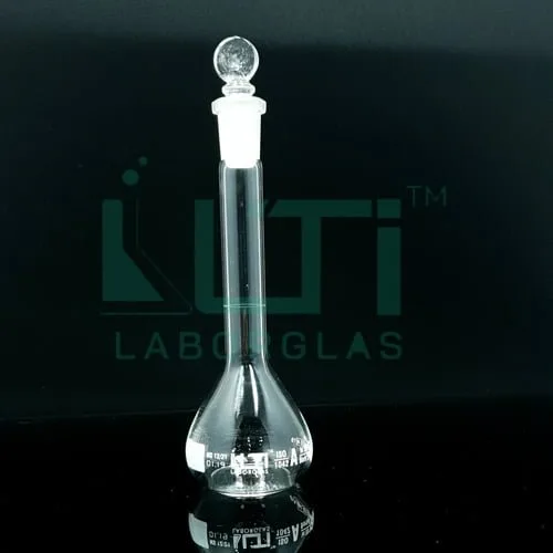 2943-CLEAR GLASS, NARROW MOUTH VOLUMETRIC FLASK WITH SOLID GLASS STOPPER, CLASS A, SERIALIZED WITH INDIVIDUAL CERTIFICATE, ASTM E-288