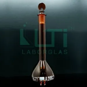 2945-AMBER GLASS, NARROW MOUTH VOLUMETRIC FLASK WITH SOLID GLASS STOPPER, CLASS A, UNSERIALIZED WITH BATCH CERTIFICATE ASTM E-288