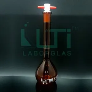 2946-AMBER GLASS, NARROW MOUTH VOLUMETRIC FLASK WITH PTFE STOPPER, CLASS A, UNSERIALIZED WITH BATCH CERTIFICATE, ASTM E-288