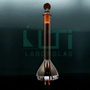 3005-AMBER GLASS, NARROW MOUTH VOLUMETRIC FLASK WITH SOLID GLASS STOPPER, CLASS A WITH BATCH CERTIFICATE (USP)