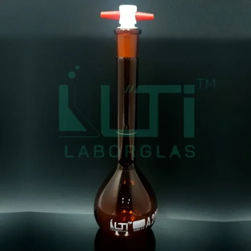 3006-AMBER GLASS, NARROW MOUTH VOLUMETRIC FLASK WITH PTFE STOPPER, CLASS A WITH BATCH CERTIFICATE (USP)