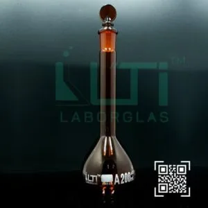 3009-AMBER GLASS, QR. CODED VOLUMETRIC FLASK WITH SOLID GLASS STOPPER, CLASS A, USP STANDARD WITH INDIVIDUAL CERTIFICATE