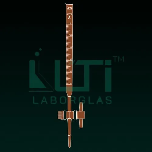 4280-ASTM, AMBER GLASS, CLASS A BURETTE, UNSERIALISED with batch CERTIFIED, STRAIGHT BORE PTFE STOPCOCK